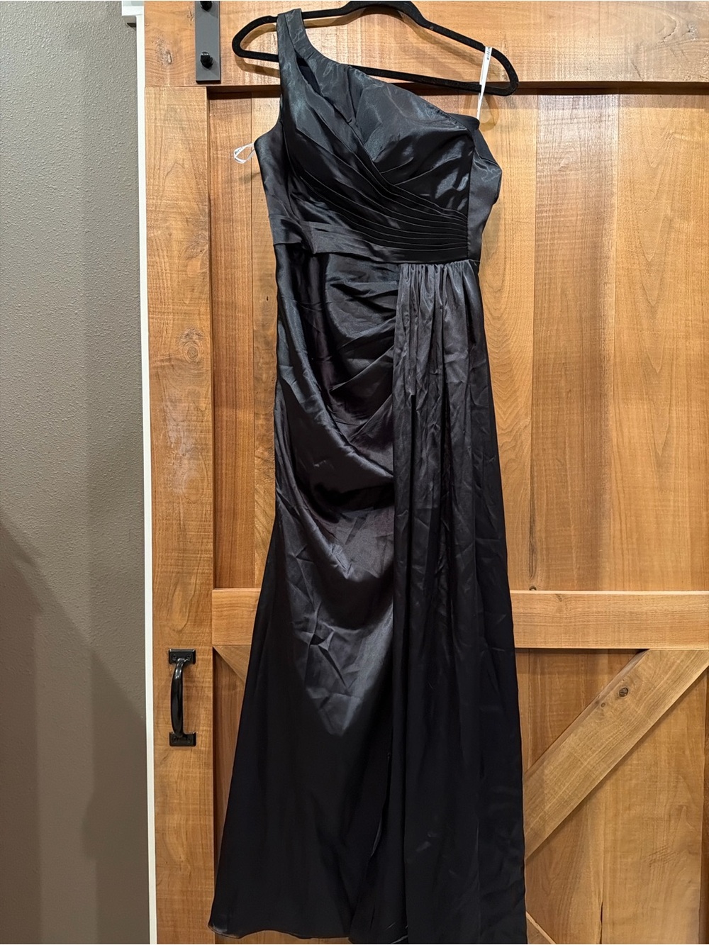 Black One Shoulder Formal Gown | Pleated Satin Evening Dress | Size 4